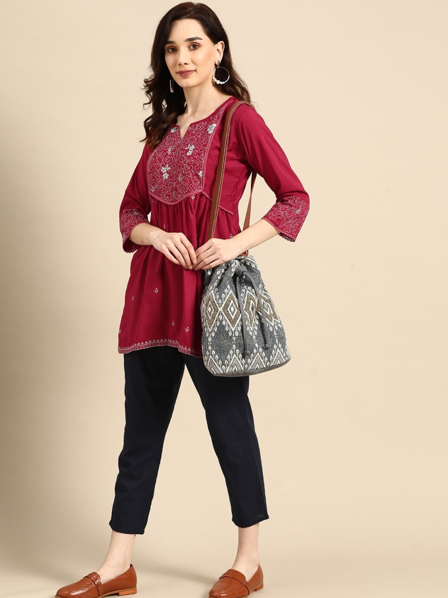 Women Sangria Kurtis, Tunics & Tops | Buy Sangria Maroon Embroidered Longline Top - Apparel For Women