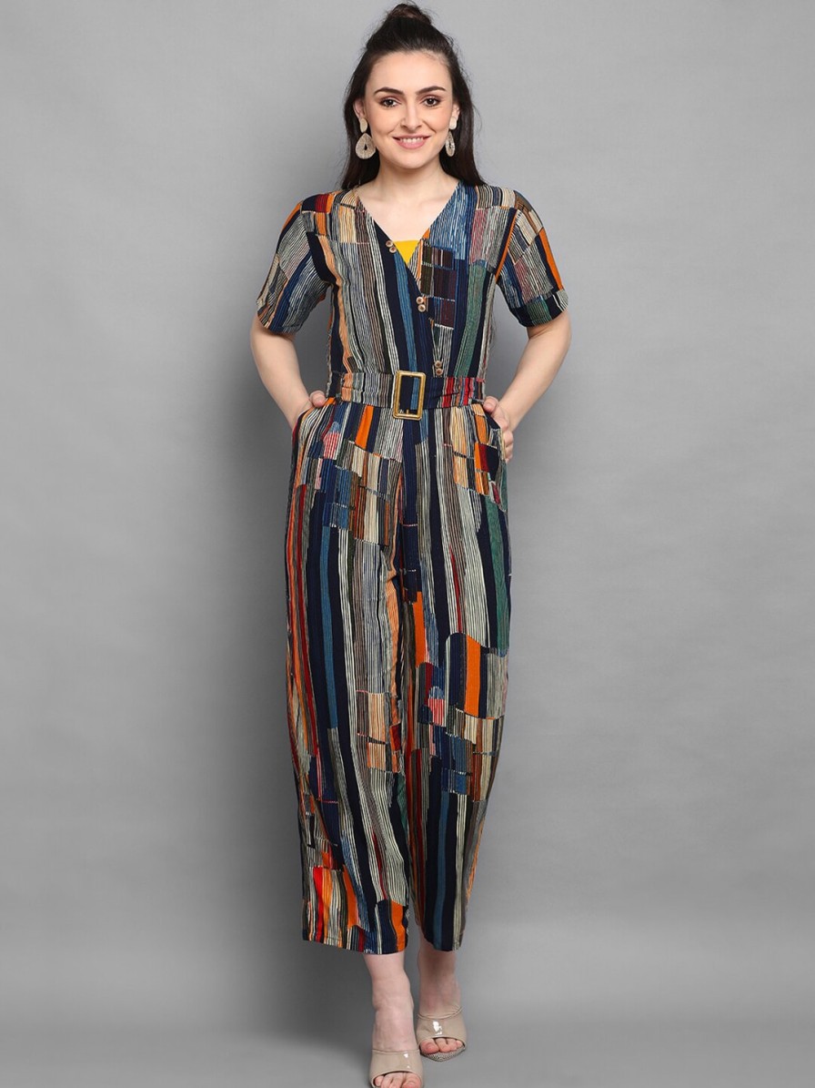 Women J Turritopsis Jumpsuits | Buy J Turritopsis Blue & Orange Foil Printed Basic Jumpsuit - Apparel For Women