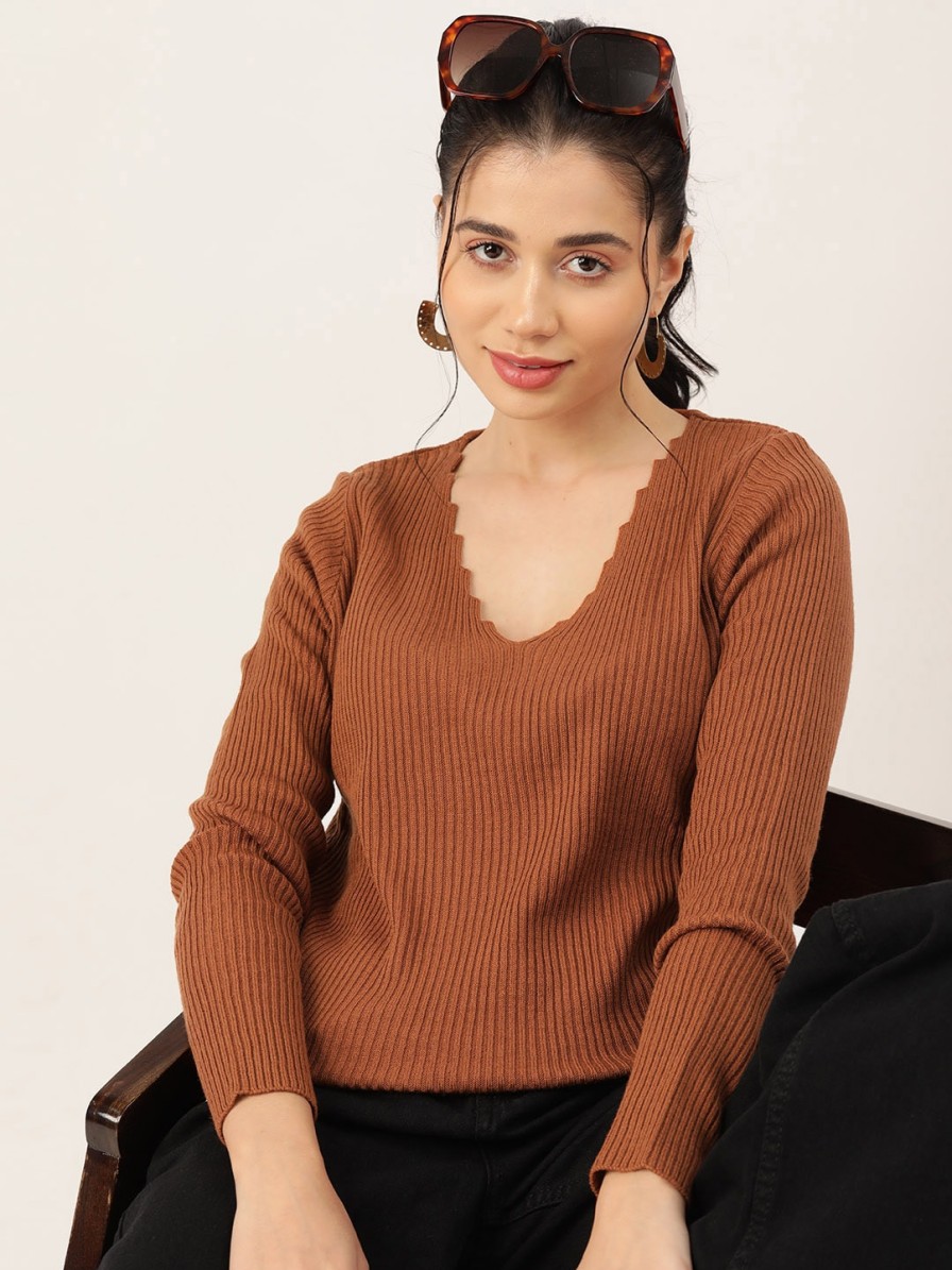 Women DressBerry Sweaters & Sweatshirts | Buy Dressberry Women V Neck Ribbed Pullover - Apparel For Women