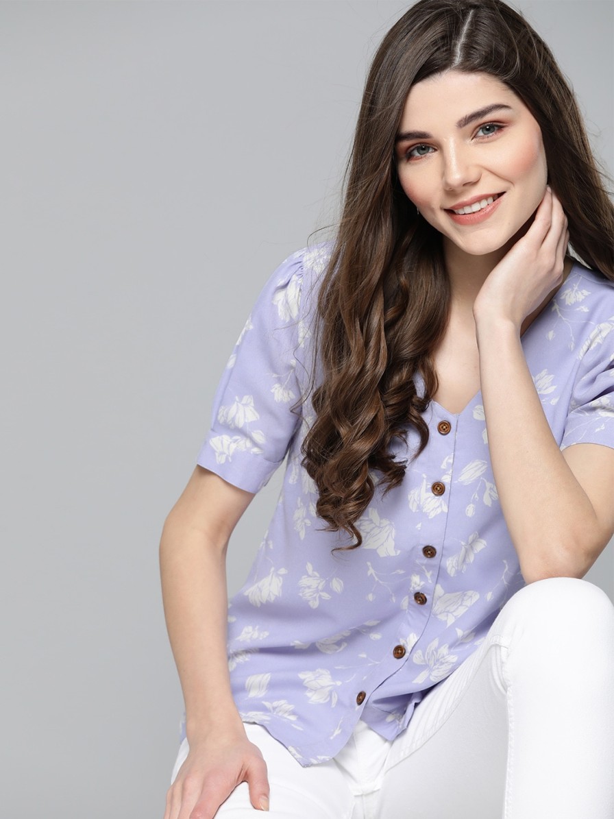 Women HERE&NOW Tops | Buy Here&Now Women Lavender & White Floral Printed Top - Apparel For Women