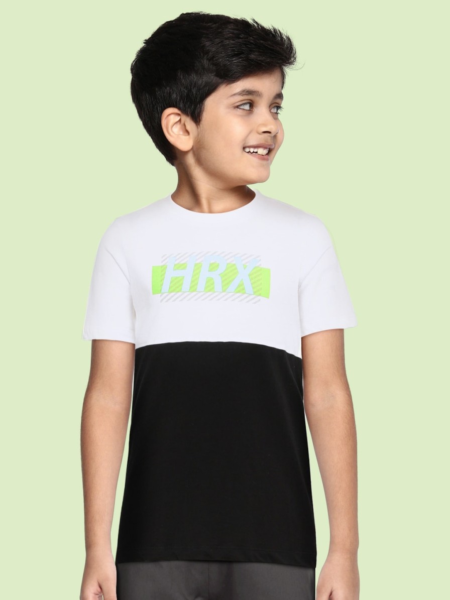 Kids HRX by Hrithik Roshan Hrx | Buy Hrx By Hrithik Roshan Boys White & Black Brand Logo Colourblocked Lifestyle T Shirt - Apparel For Boys