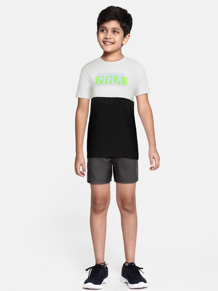 Kids HRX by Hrithik Roshan Hrx | Buy Hrx By Hrithik Roshan Boys White & Black Brand Logo Colourblocked Lifestyle T Shirt - Apparel For Boys