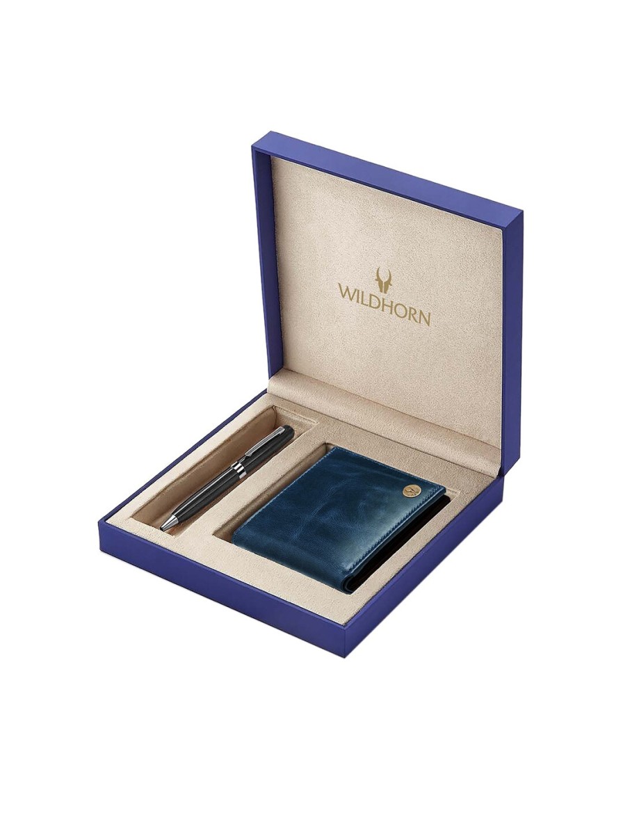 Men WildHorn Accessory Gift Sets | Buy Wildhorn Men Blue & Black Rfid Protected Genuine Leather Wallet & Pen Accessory Gift Set - Accessories For Men