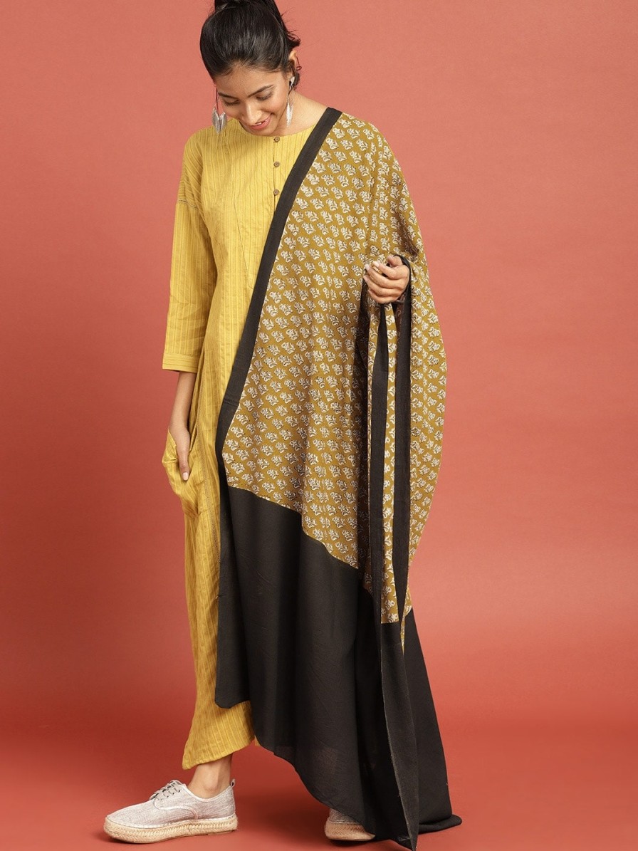 Women Taavi Dupattas & Shawls | Buy Taavi Women Mustard Yellow & Black Block Print Legacy Sustainable Pure Cotton Dupatta - Apparel For Women