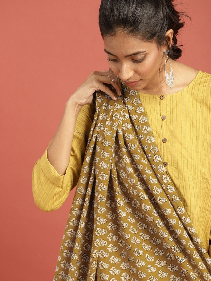 Women Taavi Dupattas & Shawls | Buy Taavi Women Mustard Yellow & Black Block Print Legacy Sustainable Pure Cotton Dupatta - Apparel For Women