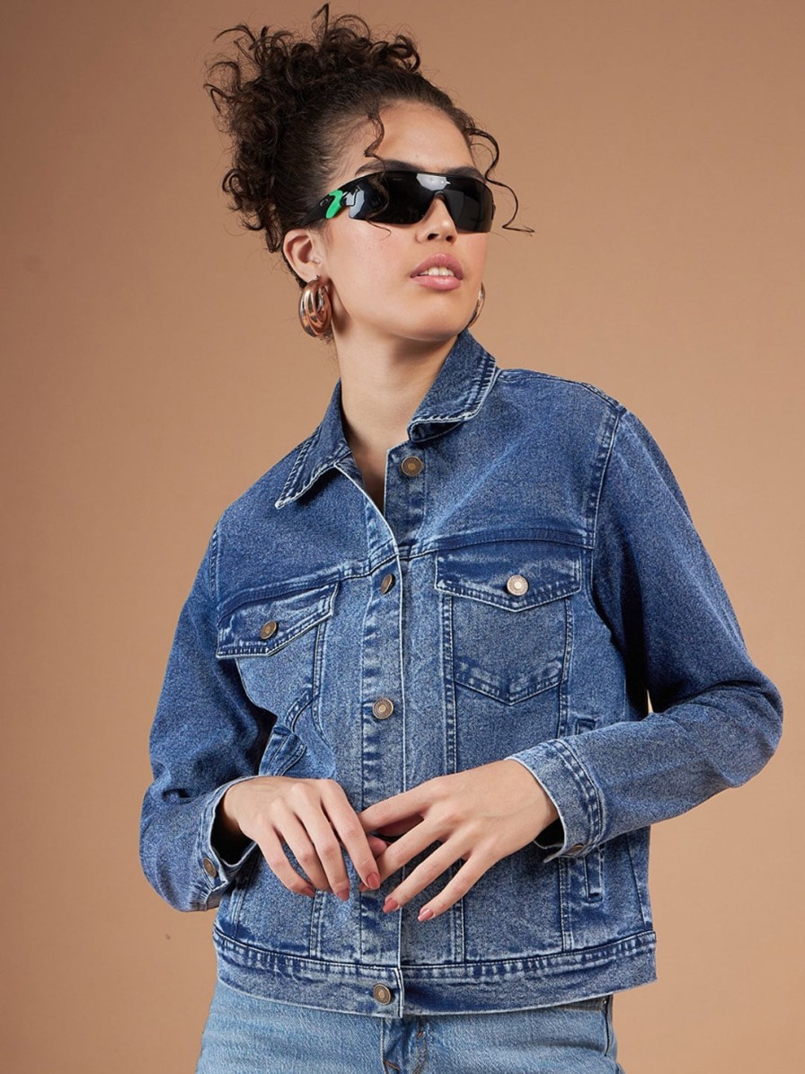 Women SASSAFRAS Jackets | Buy Sassafras Blue Washed Spread Collar Denim Jacket - Apparel For Women