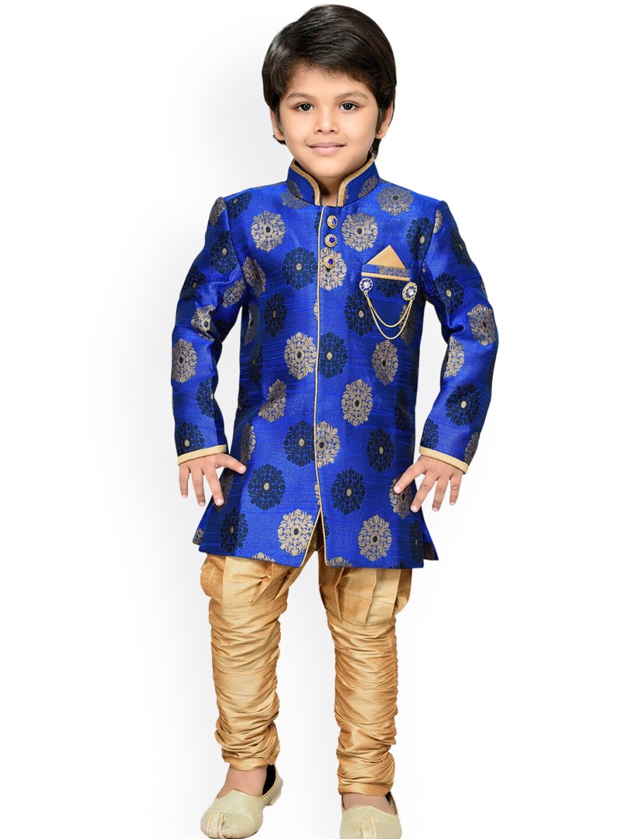 Kids Aj DEZInES Party Wear | Buy Aj Dezines Boys Blue & Brown Woven Design Sherwani Set - Apparel For Boys