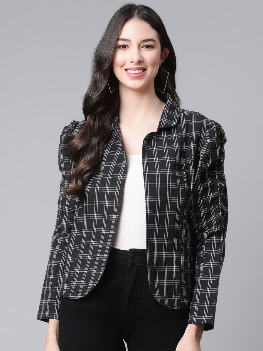 Women Cottinfab Jackets | Buy Cottinfab Women Black White Pure Cotton Checked Open Front Jacket - Apparel For Women