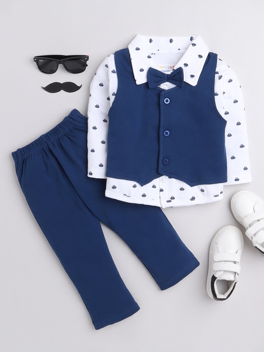 Kids BUMZEE Party Wear | Buy Bumzee Boys Navy Blue & White Printed Shirt With Trousers - Apparel For Boys