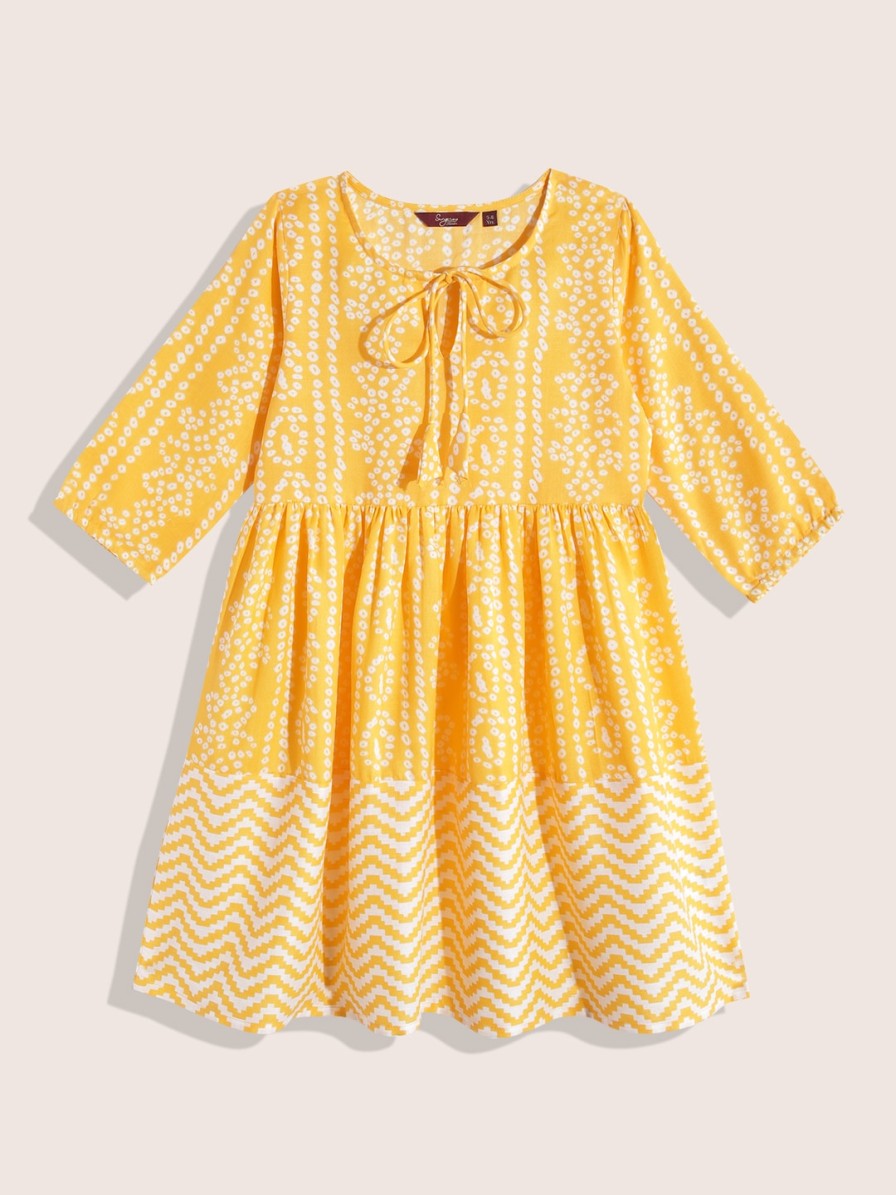 Kids Sangria Dresses | Buy Sangria Girls Ethnic Motifs Print Tie Up Neck Puff Sleeve A Line Cotton Dress - Apparel For Girls