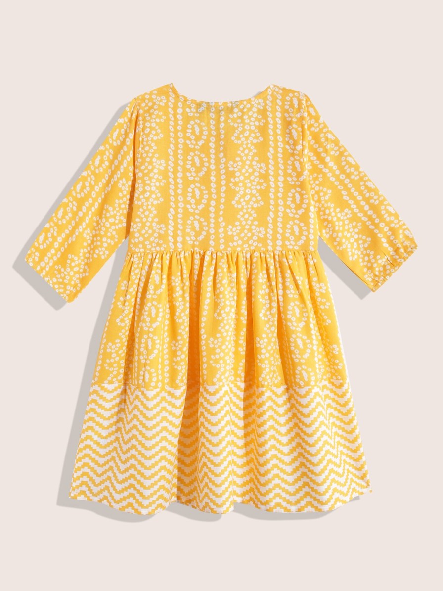 Kids Sangria Dresses | Buy Sangria Girls Ethnic Motifs Print Tie Up Neck Puff Sleeve A Line Cotton Dress - Apparel For Girls