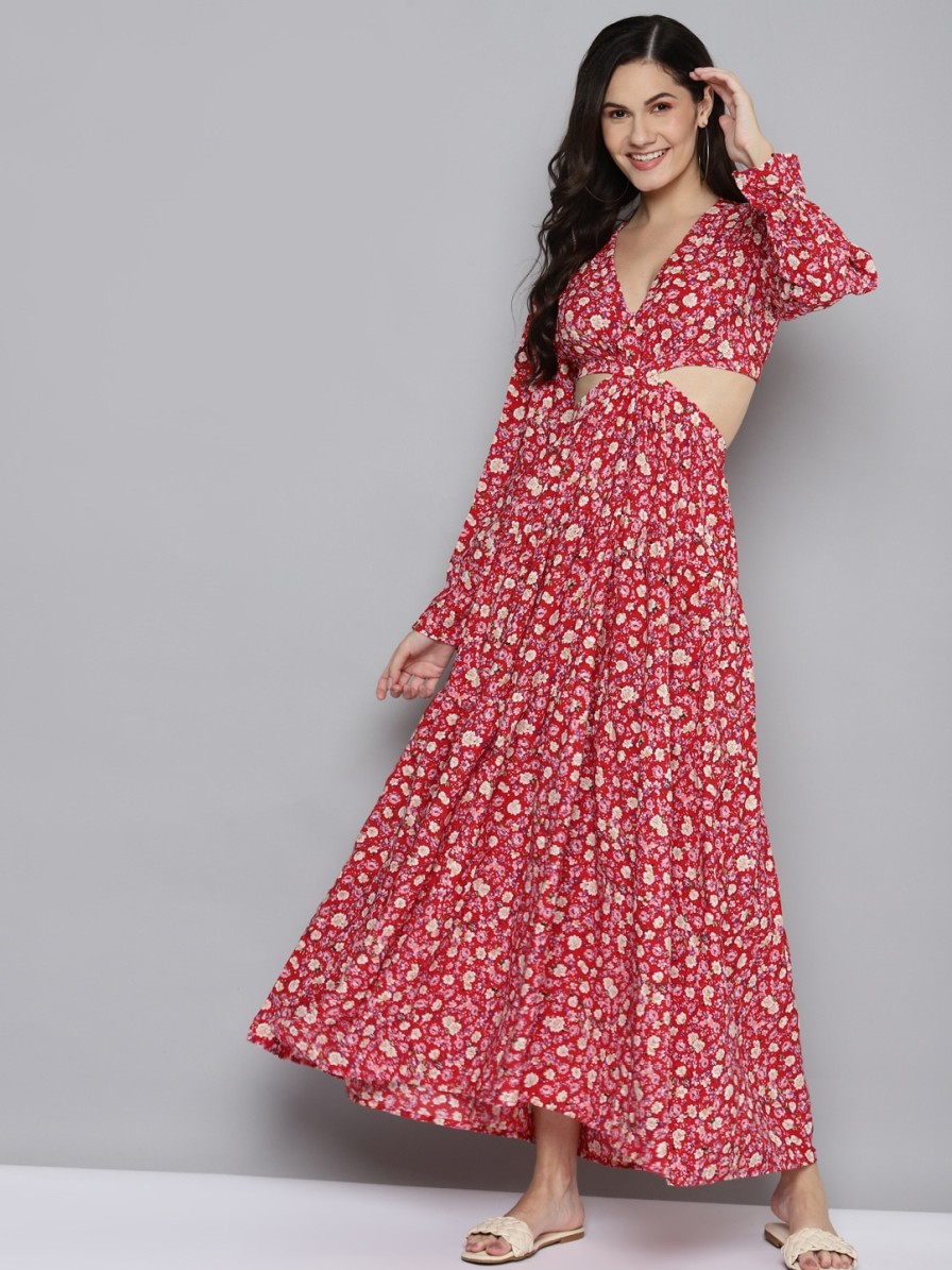 Women SASSAFRAS Dresses | Buy Sassafras Red & Beige Floral Waist Cut Out Maxi Dress - Apparel For Women