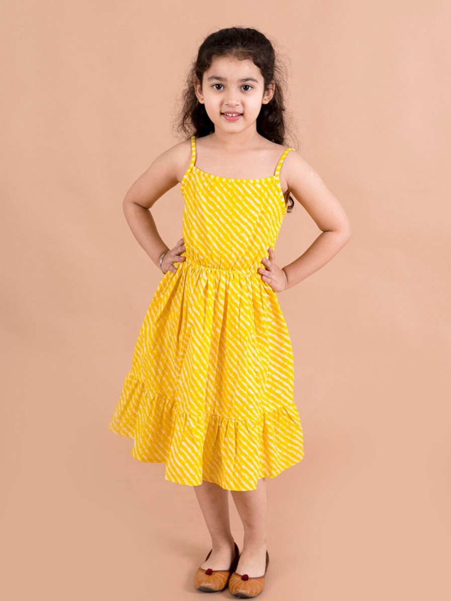 Kids pspeaches Dresses | Buy Pspeaches Girls Yellow Striped Cotton Midi Dress With Printed Shrug - Apparel For Girls