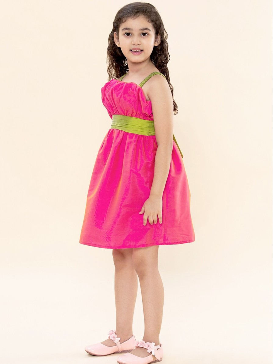 Kids A.T.U.N. Dresses | Buy A T U N Girls Pink & Green Solid Fit And Flare Dress - Apparel For Girls