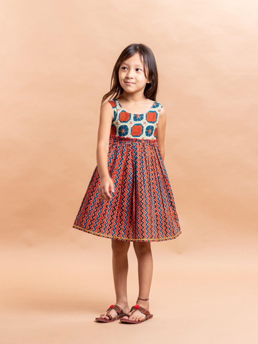 Kids Sangria Dresses | Buy Sangria Girls Rust & Blue Chevron Printed Pure Cotton Fit & Flare Dress - Apparel For Girls