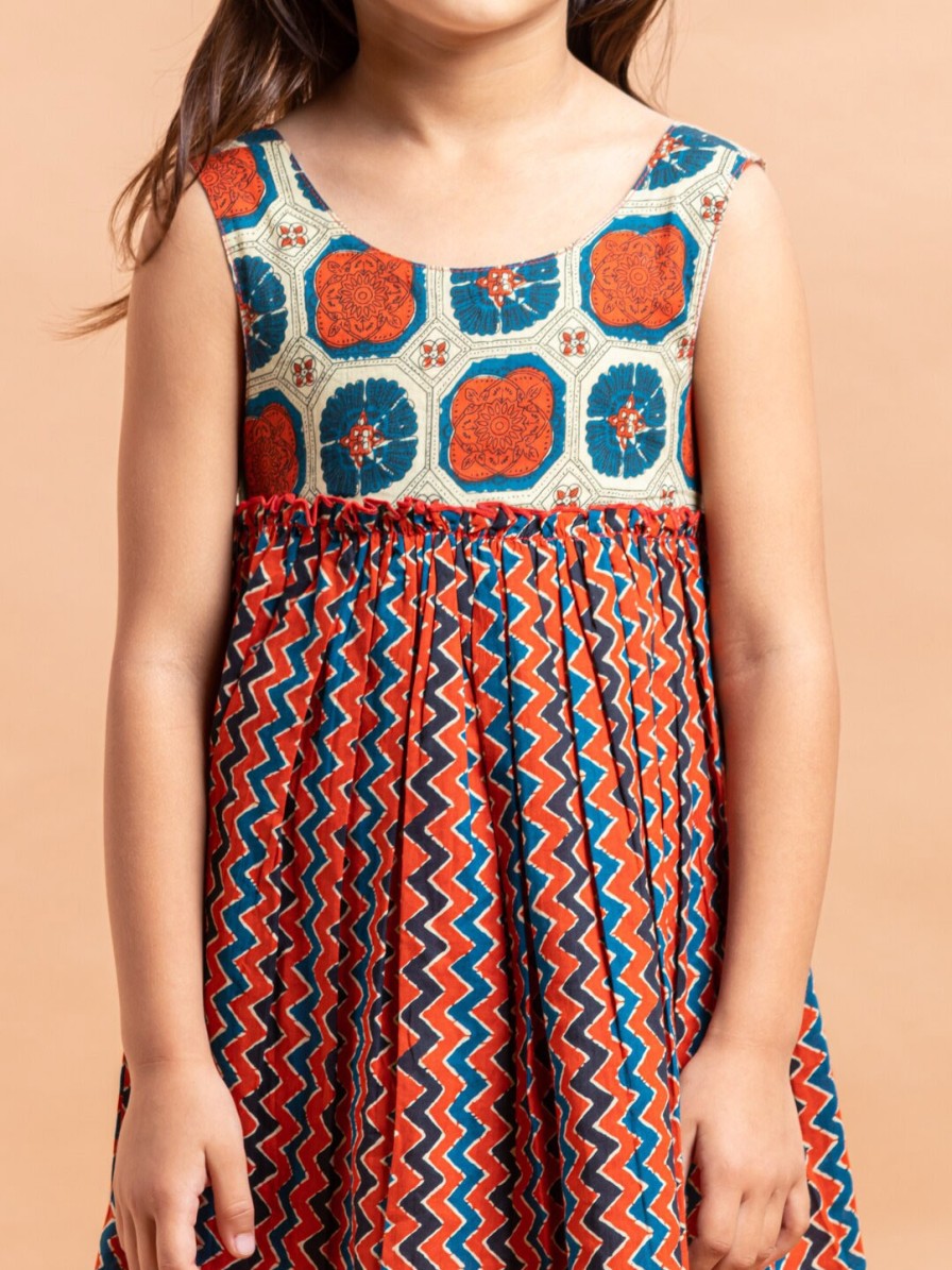 Kids Sangria Dresses | Buy Sangria Girls Rust & Blue Chevron Printed Pure Cotton Fit & Flare Dress - Apparel For Girls