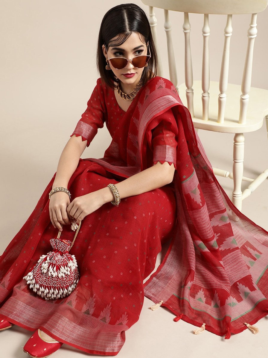 Women Saree mall Sarees | Buy Saree Mall Blazing Red Linen Blend Saree - Apparel For Women