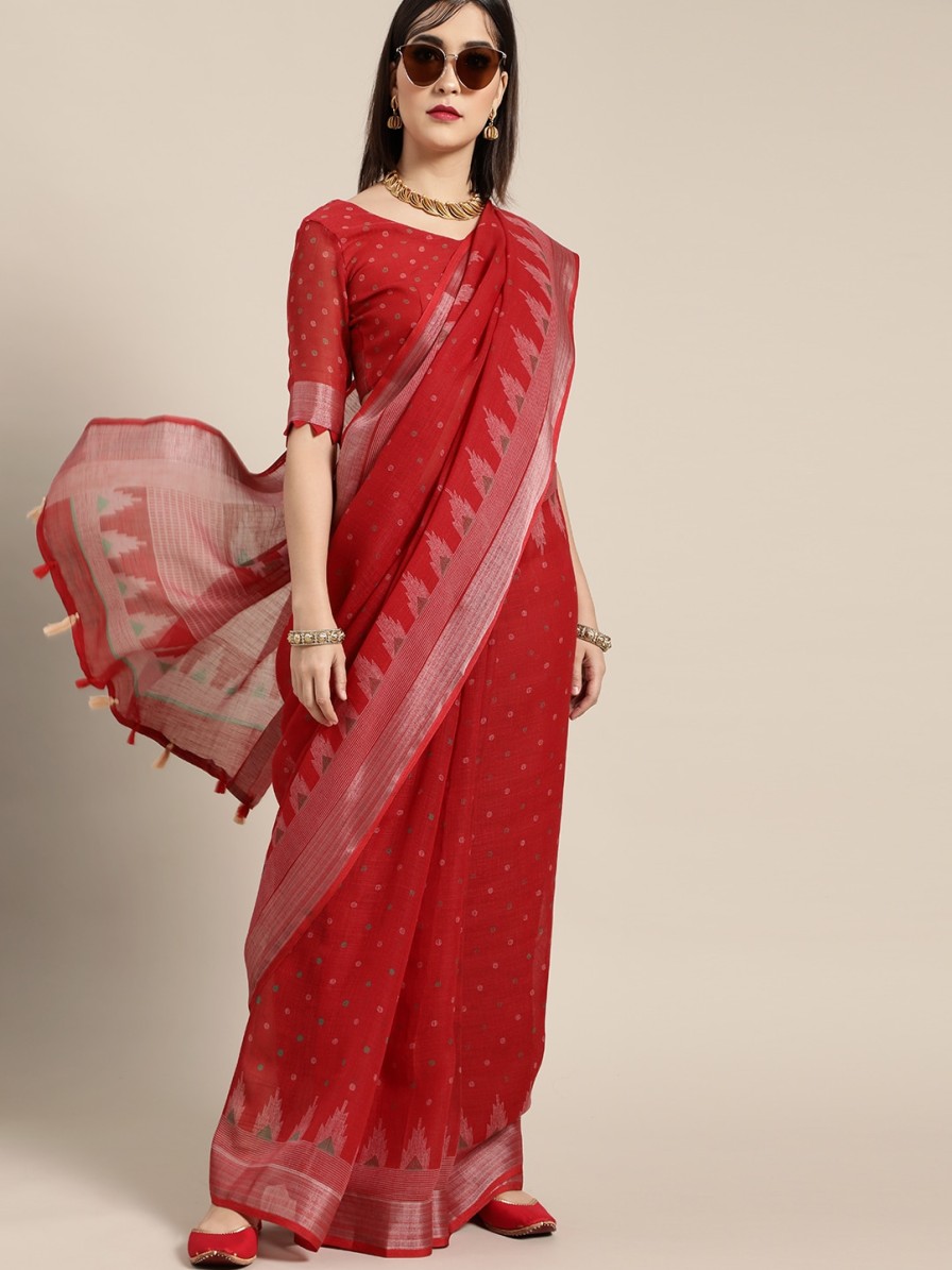 Women Saree mall Sarees | Buy Saree Mall Blazing Red Linen Blend Saree - Apparel For Women