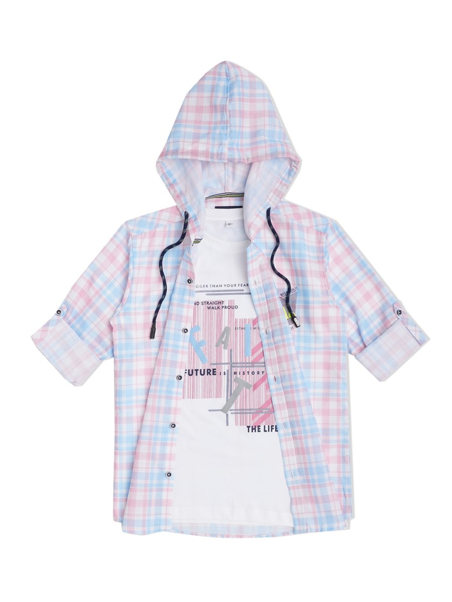 Kids CAVIO Shirts | Buy Cavio Boys Smart Fit Hooded Tartan Checked Opaque Casual Shirt With A T Shirt - Apparel For Boys