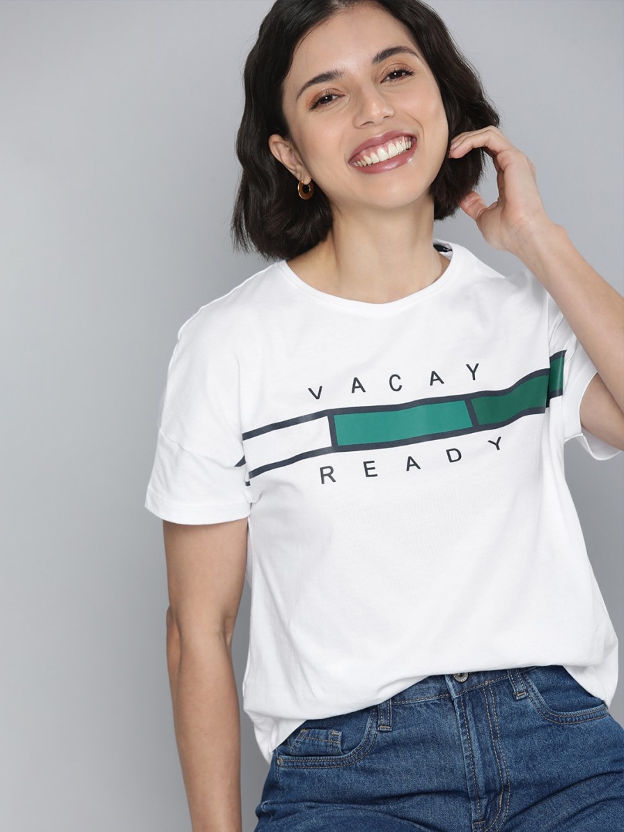 Women Mast & Harbour Tshirts | Buy Mast & Harbour Women White & Green Typography Printed Pure Cotton Applique T Shirt - Apparel For Women