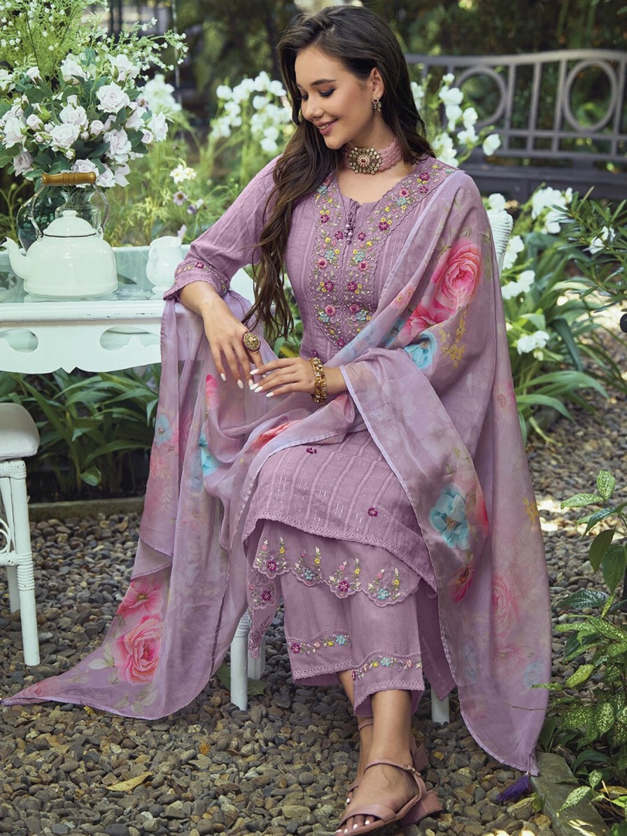 Women Indo Era Kurtas & Suits | Buy Indo Era Lavender & Red Floral Embroidered Pure Cotton Kurta With Trousers & Dupatta - Apparel For Women