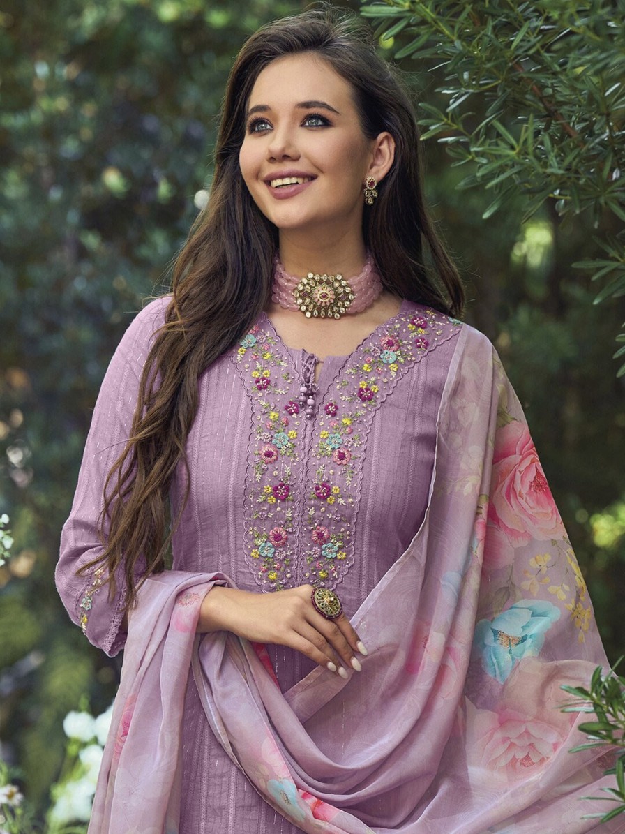 Women Indo Era Kurtas & Suits | Buy Indo Era Lavender & Red Floral Embroidered Pure Cotton Kurta With Trousers & Dupatta - Apparel For Women