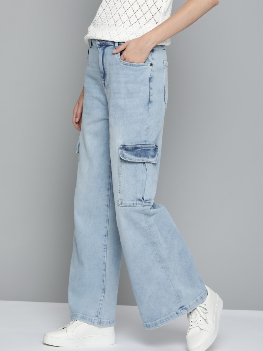 Women Mast & Harbour Jeans | Buy Mast & Harbour Women Blue Flared Light Fade Stretchable Cargo Jeans - Apparel For Women