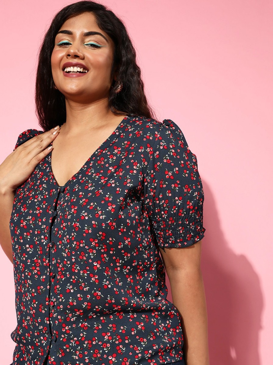 Women Berrylush Curve Tops | Buy Berrylush Curve Plus Size Floral Print Puff Sleeve Crepe Top - Apparel For Women