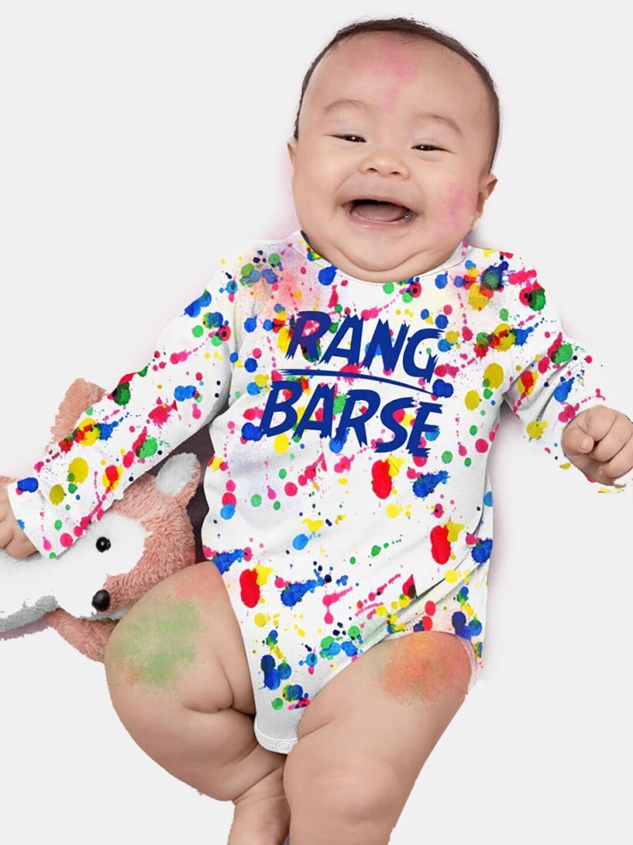 Kids BONKIDS Bodysuits | Buy Bonkids Infants Kids White & Blue Rang Barse Holi Printed Pure Cotton Bodysuit - Apparel For Unisex Kids