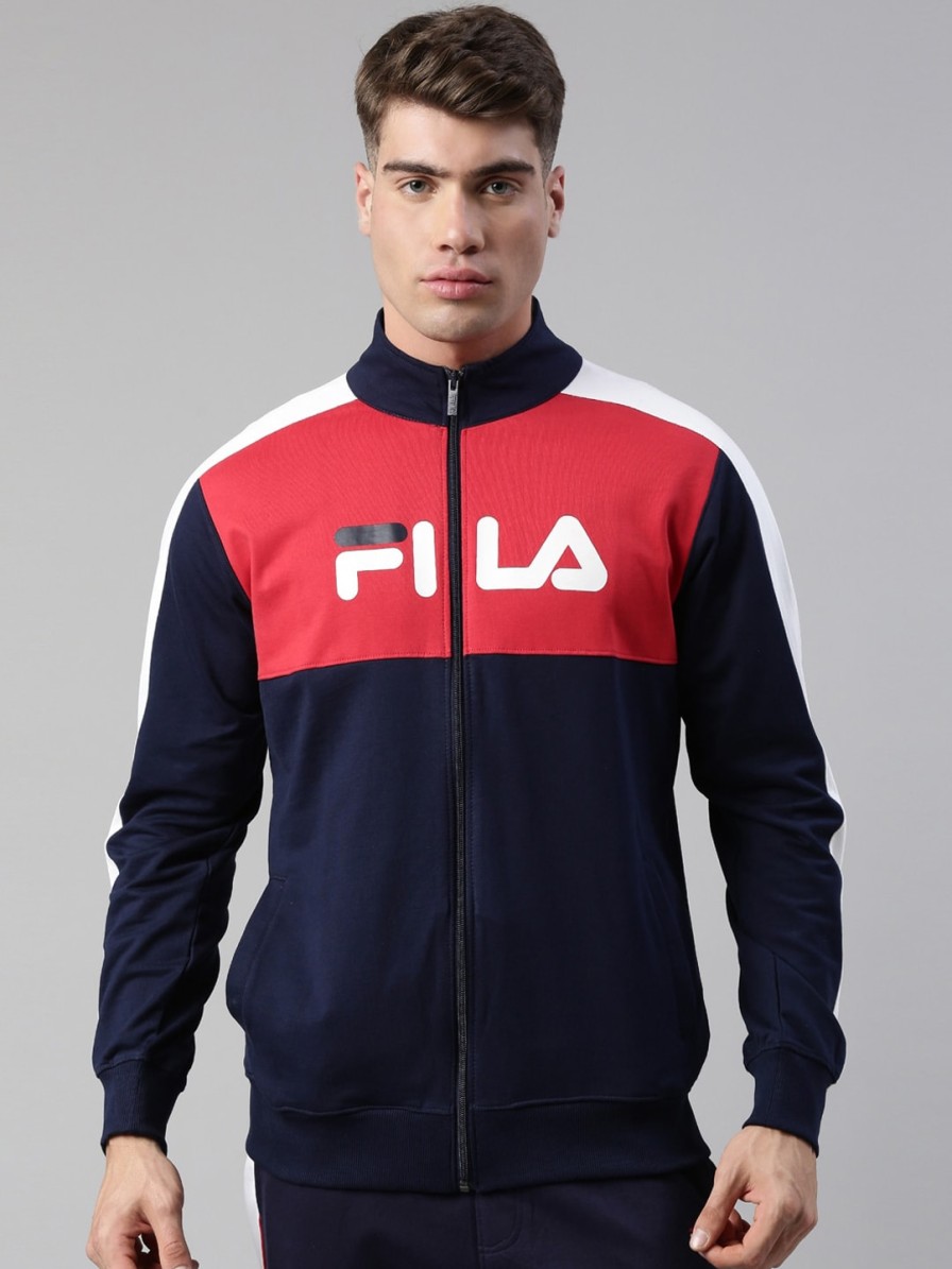 Men FILA Jackets & Sweatshirts | Buy Fila Men Blue Red Colourblocked Junaid Jkt Sporty Jacket - Apparel For Men