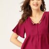 Women DressBerry Tops | Buy Dressberry Magenta & Beige Solid Ecovero Sustainable Embroidered Detail A Line Top - Apparel For Women