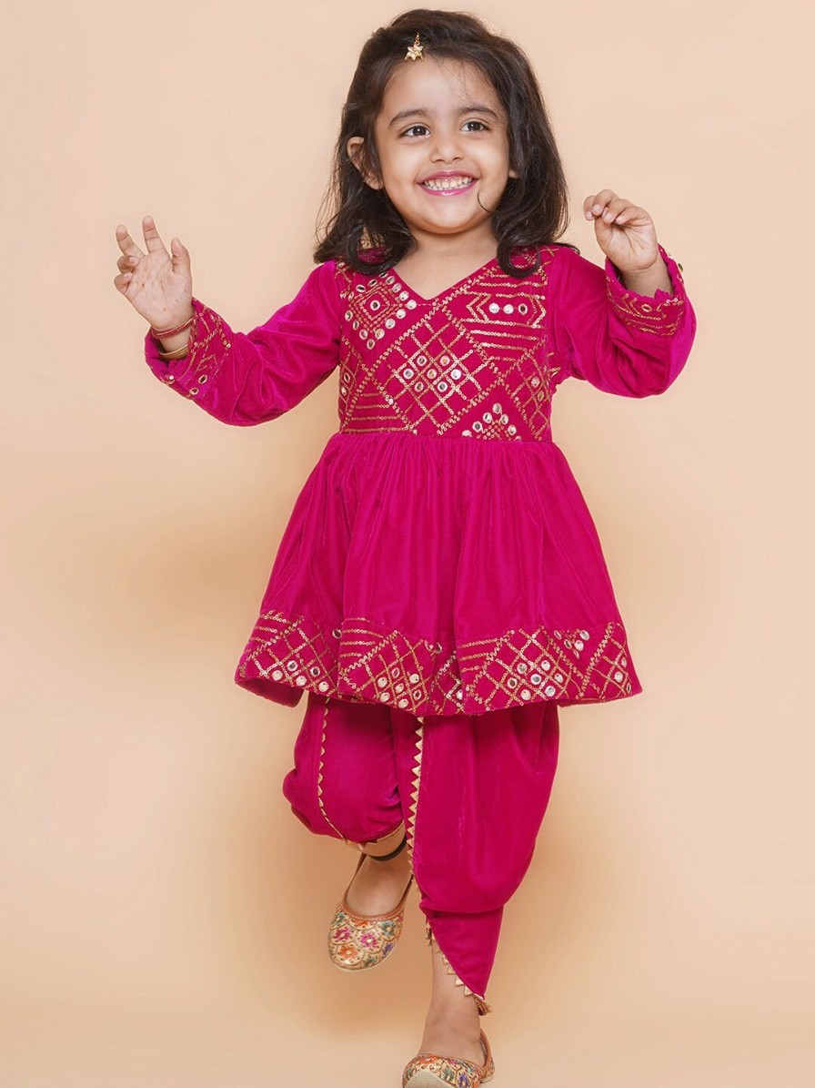 Kids BAESD Kurta Sets | Buy Baesd Girls Ethnic Motifs Embroidered Velvet A Line Mirror Work Kurti With Dhoti Pant - Apparel For Girls