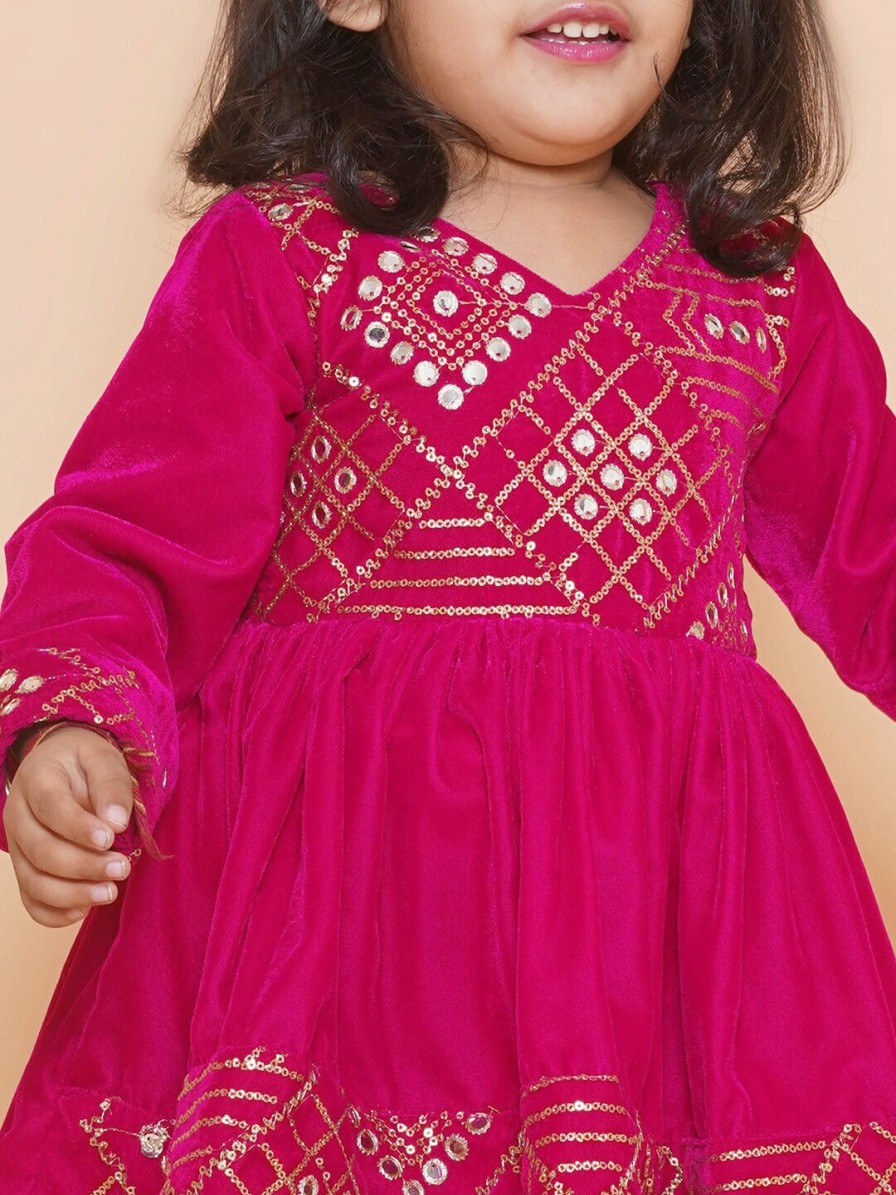 Kids BAESD Kurta Sets | Buy Baesd Girls Ethnic Motifs Embroidered Velvet A Line Mirror Work Kurti With Dhoti Pant - Apparel For Girls