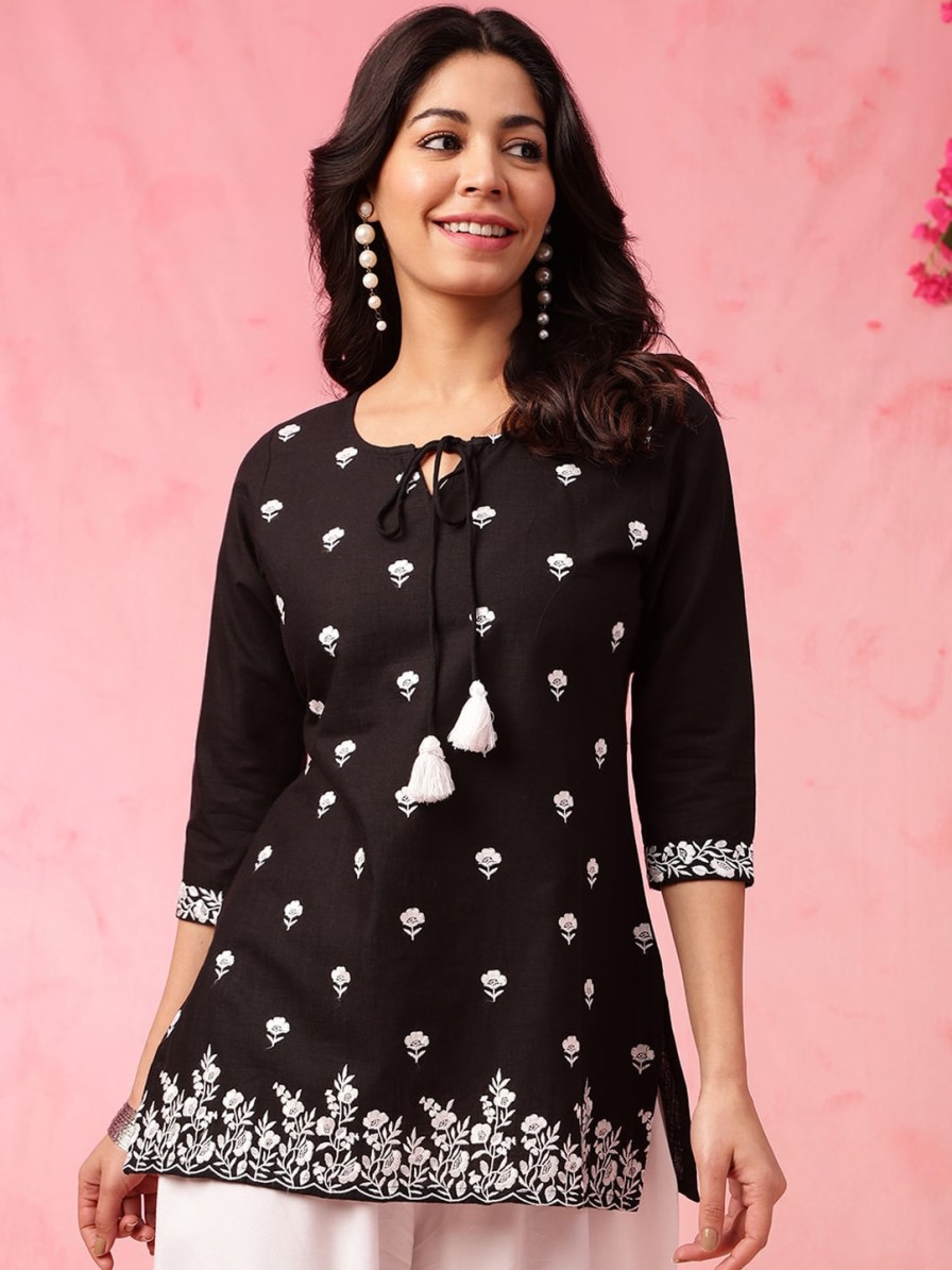 Women Anouk Kurtis, Tunics & Tops | Buy Anouk Floral Embroidered Sequinned Tie Up Neck Pure Cotton Kurti - Apparel For Women