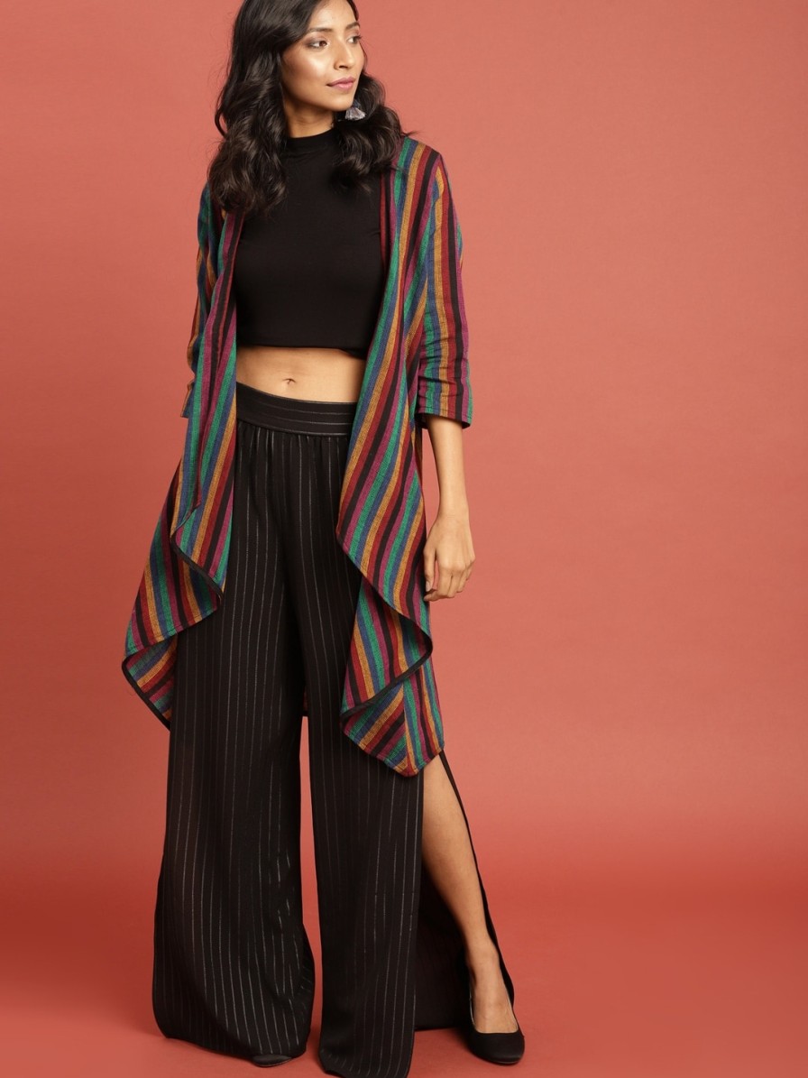 Women Taavi Shrugs | Buy Taavi Women Multicoloured Striped South Cotton Woven Legacy Longline Waterfall Shrug - Apparel For Women